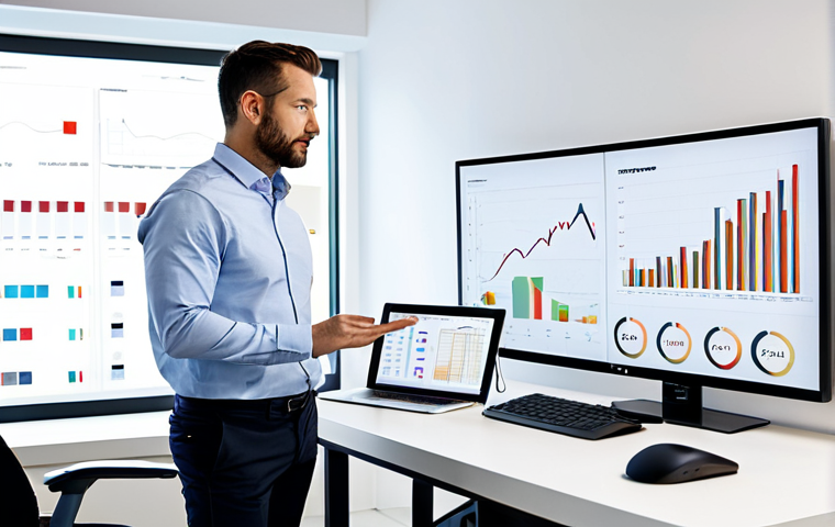 A professional male entrepreneur, mid-30s, in a modest business casual shirt and dark trousers, fully clothed, standing confidently in a modern, minimalist startup office. He is looking at a large wall-mounted screen displaying dynamic data visualizations and charts, with a laptop open on a clean desk. The scene emphasizes lean experimentation and data-driven insights. Natural pose, perfect anatomy, correct proportions, well-formed hands, proper finger count, natural body proportions. Professional photography, high-quality, safe for work, appropriate content, professional.
