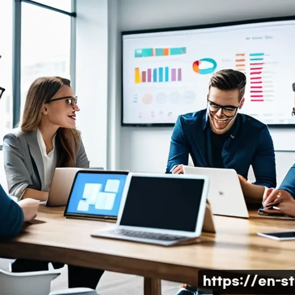 스타트업 마케팅과 프리랜서 - A dynamic startup marketing team in a modern open office, collaborating intensely over laptops and d...