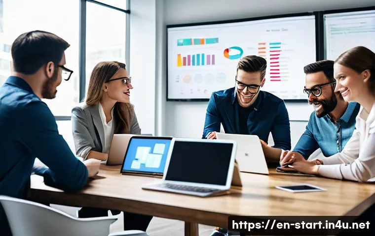 스타트업 마케팅과 프리랜서 - A dynamic startup marketing team in a modern open office, collaborating intensely over laptops and d...