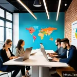 Home 18 스타트업 마케팅 직무별 핵심 포인트 - A dynamic, modern startup office scene featuring a diverse team of young professionals collaborating...