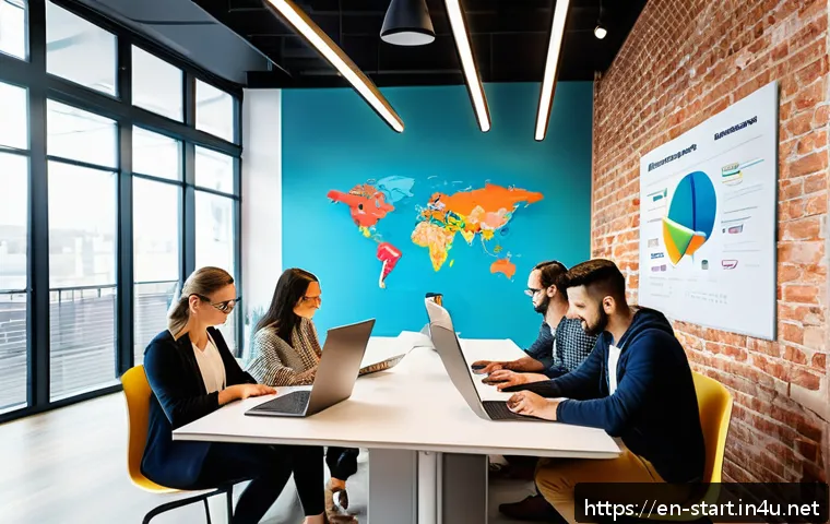 스타트업 마케팅 직무별 핵심 포인트 - A dynamic, modern startup office scene featuring a diverse team of young professionals collaborating...
