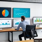Home 16 스타트업 마케팅 업무 진단 - A modern startup office scene featuring a diverse team of professionals analyzing large digital dash...