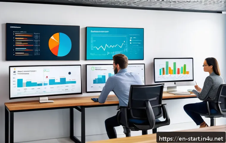 스타트업 마케팅 업무 진단 - A modern startup office scene featuring a diverse team of professionals analyzing large digital dash...