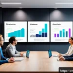 Home 20 스타트업 마케팅 분야 이직 - A detailed portfolio presentation scene showing a marketer confidently presenting a digital dashboar...
