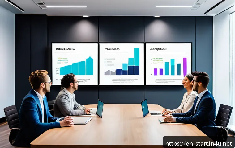 스타트업 마케팅 분야 이직 - A detailed portfolio presentation scene showing a marketer confidently presenting a digital dashboar...